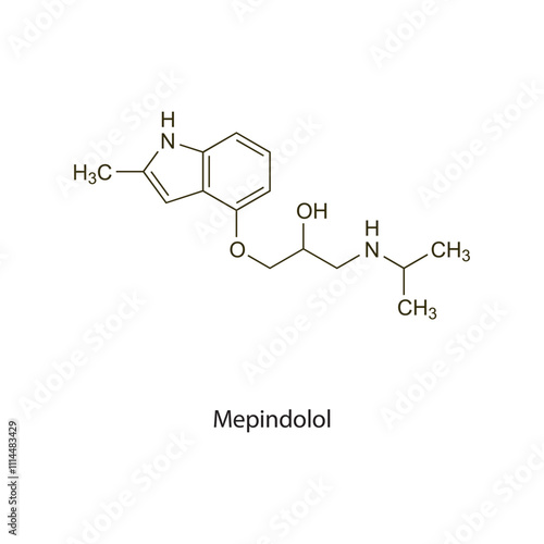 Mepindolol flat skeletal molecular structure Beta blocker drug used in arrhythmia treatment. Vector illustration scientific diagram.