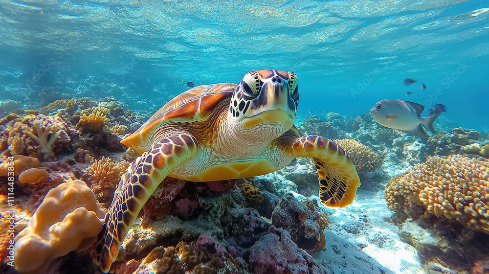 Turtle swims underwater in the ocean, against the background of colorful corals and tropical fish. Underwater world. Background for design. Marine world. Turtle swims underwater in the ocean, against the background of colorful corals and tropical fish. Underwater world. Background for design. Marine world.