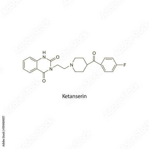 Ketanserin flat skeletal molecular structure 5-HT2A receptor antagonist drug used in hypertension treatment. Vector illustration scientific diagram.