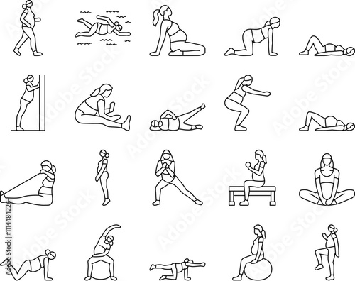 pregnant fitness icons set vector. exercise yoga, strength flexibility, wellness health, balance stamina, nutrition pregnant fitness black contour illustrations