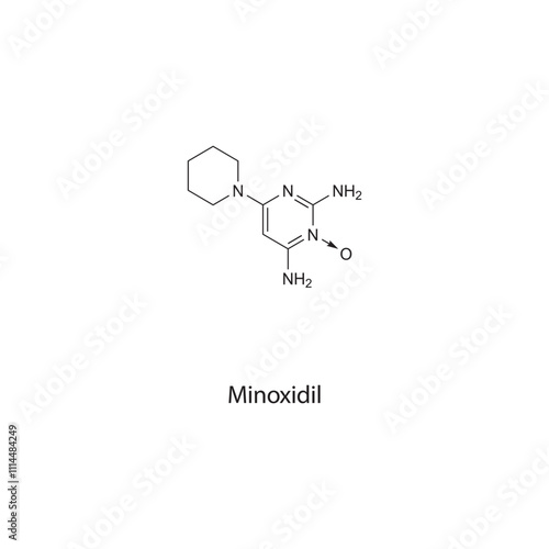 Minoxidil flat skeletal molecular structure vasodilator drug used in androgenetic alopecia, hypertension treatment. Vector illustration scientific diagram.