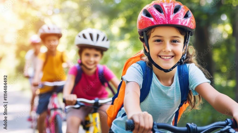Children enjoy cycling on a sunny day in a park, fostering friendship and physical activity together Children enjoy cycling on a sunny day in a park, fostering friendship and physical activity together