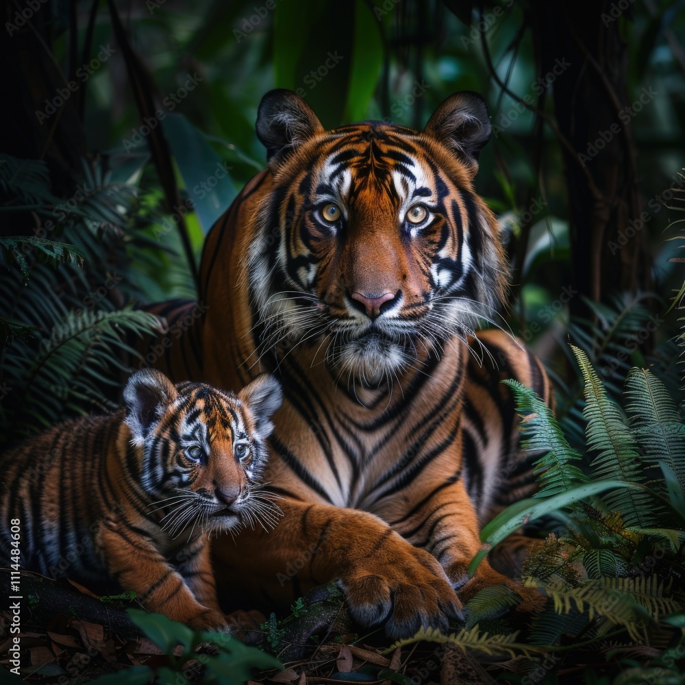Obraz premium Mother tiger and playful cub in a lush jungle setting