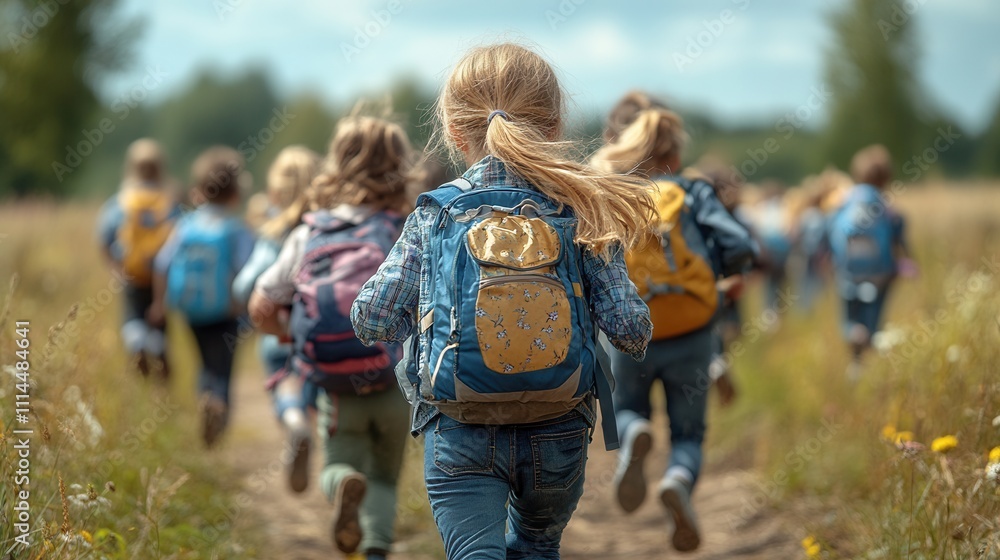 Fototapeta premium Children Running on a Trail in Nature on a Sunny Day