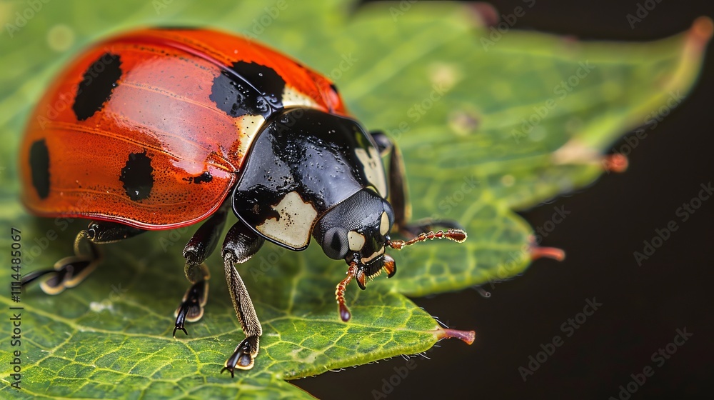 Fototapeta premium A close-up of a ladybug perched on a vibrant green leaf, showcasing its distinctive red and black colors.