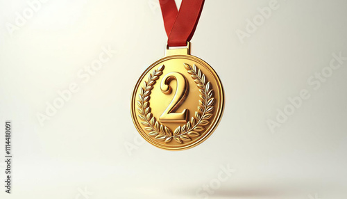 Golden second place medal with laurel wreath detail and ribbon photo