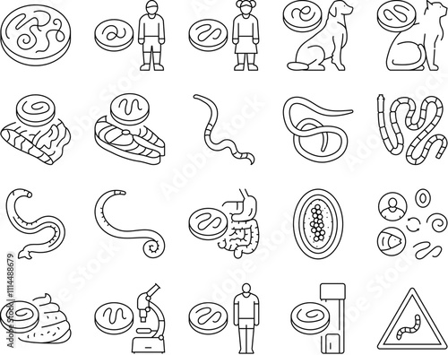 helminth worm parasite roundworm icons set vector. dog tapeworm, heart helminth ascaris, internal cat, nematode pet, pinworm giardia helminth worm parasite roundworm black contour illustrations