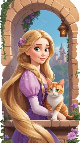 Rapunzel girl with cute cat 3d artwork , cartoon