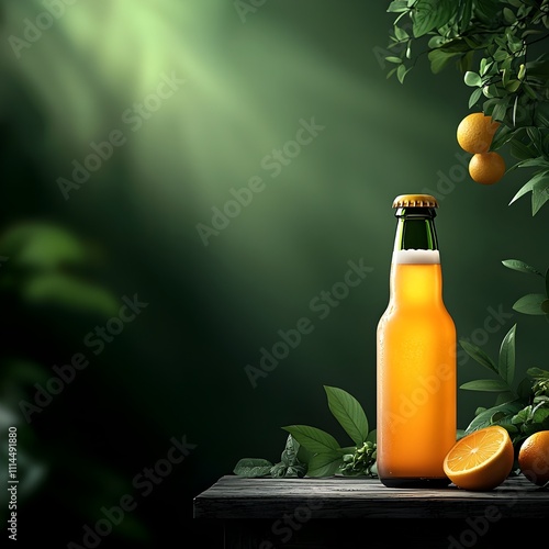 Crisp chilled bottle of golden effervescent beer resting on a weathered wooden table dappled sunlight casting a warm glow over the lush verdant background that evokes a lazy summer afternoon photo