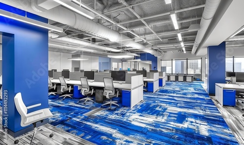A large office space with blue carpet and white walls