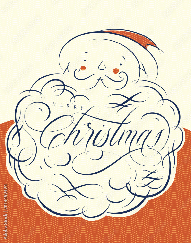 Merry Christmas poster with Santa Claus drawing in vintage style on light background