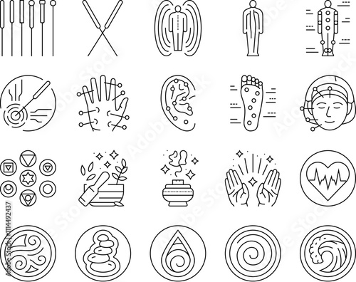 acupuncture massage therapy icons set vector. treatment medical, medicine spa, health chinese, alternative holistic, chiropractic acupuncture massage therapy black contour illustrations