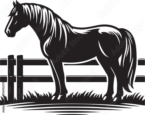 Horse standing by a fence in a rural setting black vector silhouette