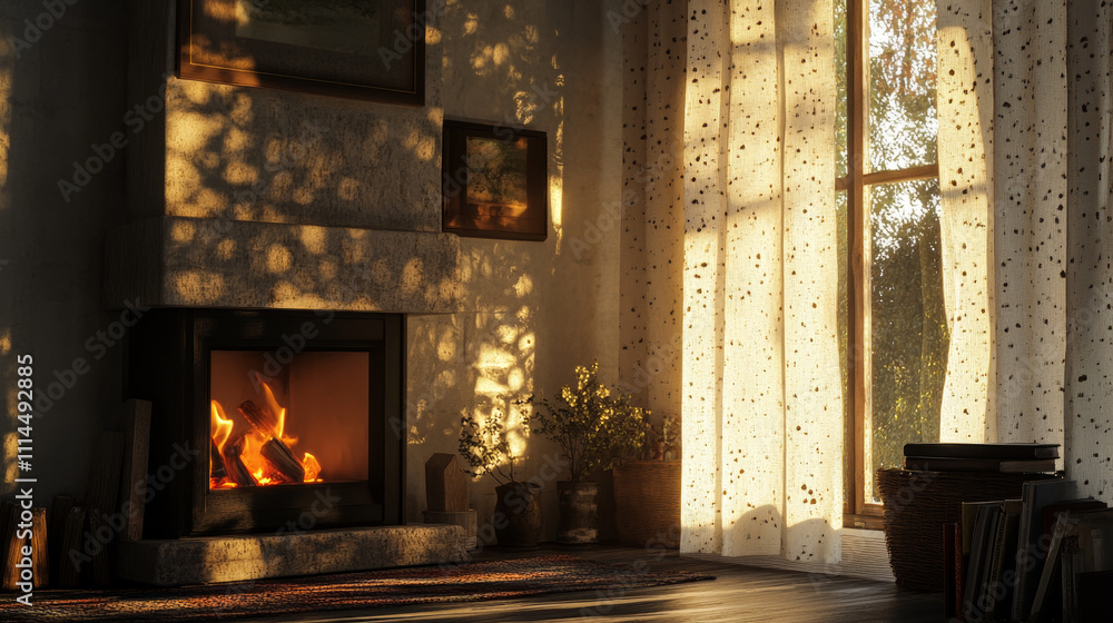 A nearby fireplace casts flickering shadows on the curtain, creating a cozy and dynamic interplay of light. A nearby fireplace casts flickering shadows on the curtain, creating a cozy and dynamic interplay of light.