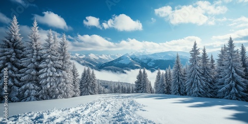 Breathtaking view of snow-covered mountains and frosty trees.