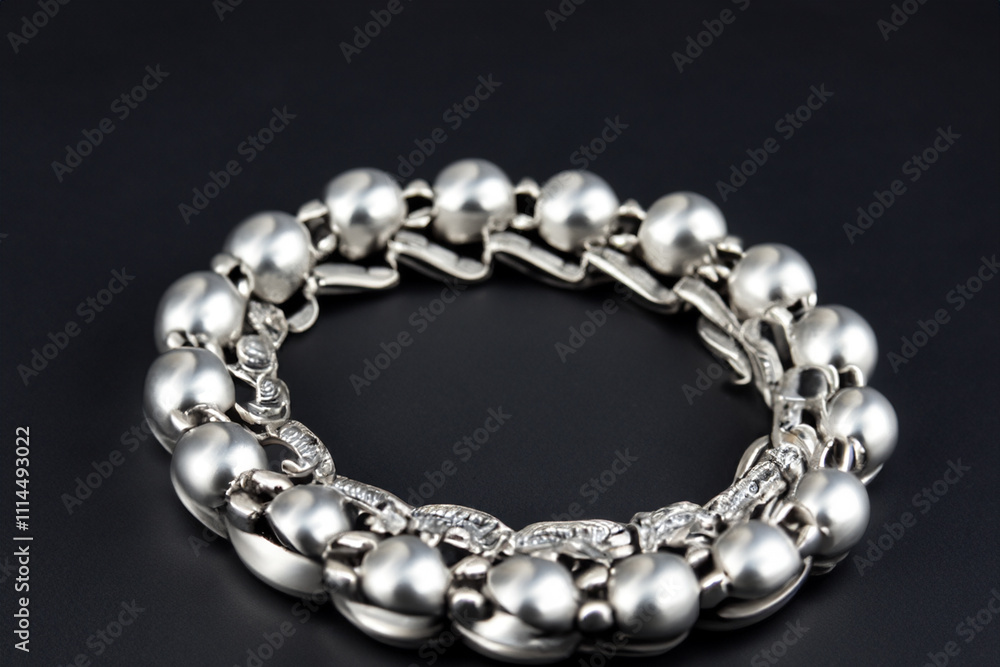 Obraz premium Black bracelet with a white background. Silver bracelet black background decoration gray lies. A black and gray bracelet lying on a black background. A silver bracelet with diamonds on it lifestyle.