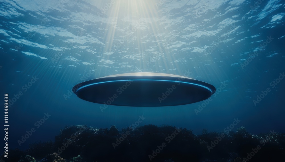 A mysterious, futuristic object hovers underwater, illuminated by sunlight, surrounded by marine life and coral formations. A mysterious, futuristic object hovers underwater, illuminated by sunlight, surrounded by marine life and coral formations.