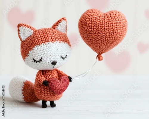 Knitted animal for Valentine. A cute knitted fox holding a heart-shaped balloon, exuding charm and warmth with a soft, pastel background.