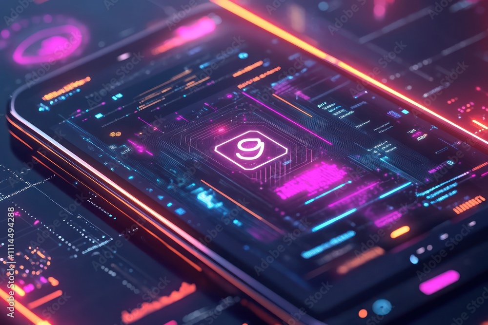 A secure mobile app that uses AI to protect user data from external threats, ensuring that personal information remains encrypted and safe from cybercriminals. The background shows glowing A secure mobile app that uses AI to protect user data from external threats, ensuring that personal information remains encrypted and safe from cybercriminals. The background shows glowing