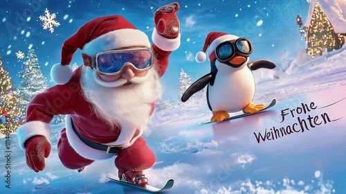 Spruch Frohe Weihnachten Motiv lustig skurril für Weihnachtskarte Grußkarte zu Weihnachten mit Weihnachtsmann und Pinguin mit Skibrille Generative AI