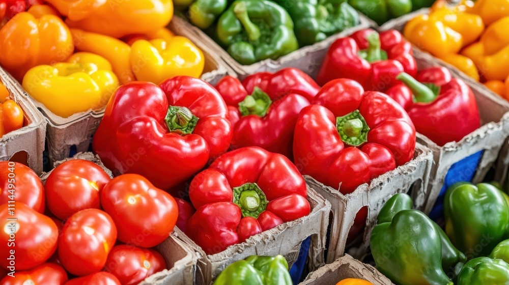 A vibrant display of fresh bell peppers in various colors, including red, yellow, and green, arranged in baskets at a market. A vibrant display of fresh bell peppers in various colors, including red, yellow, and green, arranged in baskets at a market.