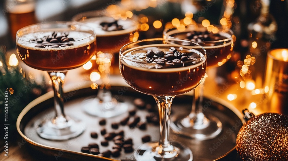 Espresso martinis with coffee beans and festive lights. Espresso martinis with coffee beans and festive lights.