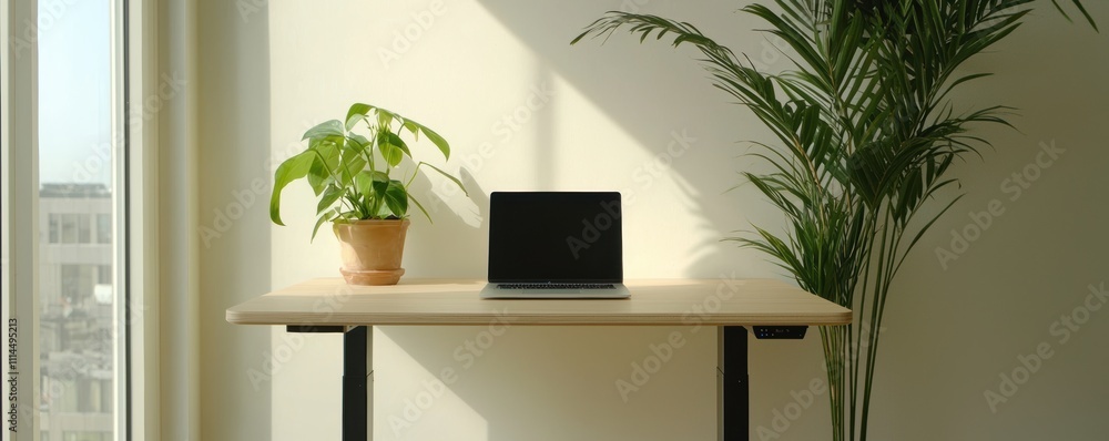 Fototapeta premium A minimalist workspace featuring a laptop, potted plant, and natural light creating a serene and productive environment.