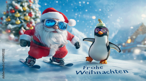 Spruch Frohe Weihnachten Motiv lustig skurril für Weihnachtskarte Grußkarte zu Weihnachten mit Weihnachtsmann und Pinguin mit Skibrille Generative AI