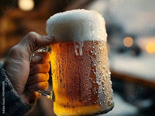 Close up of a person s hand grasping a frosty condensation beaded mug of amber beer set against the blurred hazy background of a cozy dimly lit pub interior photo