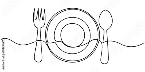 Continuous one line drawing of knife and fork vector illustration, One line  Drawing or illustration of empty plate and cutlery, One continuous line drawing of food tools. Plate Fork and Knife.