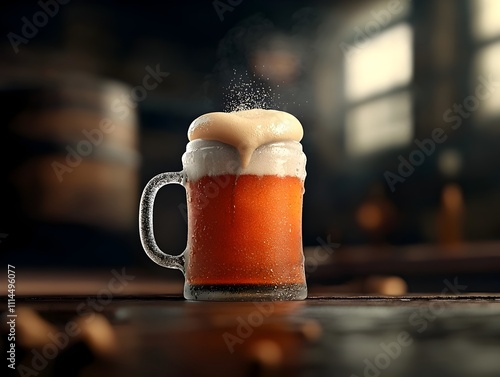 Crisp and bubbly amber lager beer flowing into a frosted beer stein with a foamy crown forming situated in a dimly lit rustic pub interior photo