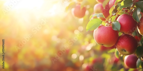 Fresh Red Apples in Orchard with Blurry Natural Background photo