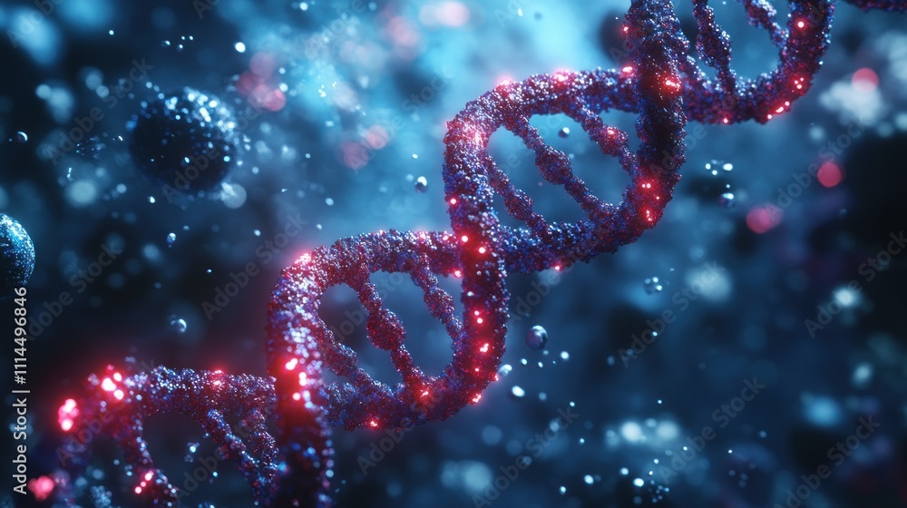 Glowing DNA helix strand with particles in dark blue background. Glowing DNA helix strand with particles in dark blue background.