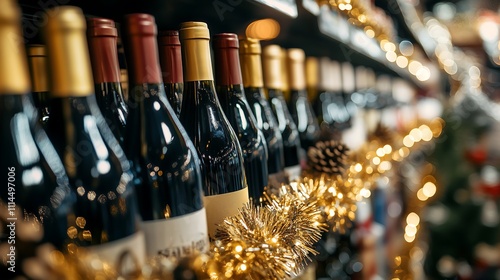 Red wine bottles display supermarket shelf row with christmas decor atmosphere, alcohol drink winter sales, xmas sales