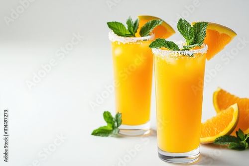 Cocktail presentation with fruit punch served in tall glasses, garnished with fresh mint and a sugar rim. 