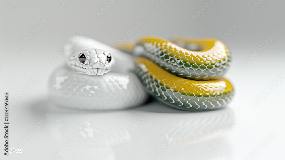 Naklejka premium A striking yellow and green snake with glossy scales coiled on a clean white surface, showcasing intricate patterns and calm elegance. 