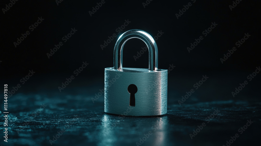 Fototapeta premium Silver padlock on a dark background representing security and protection in a contemporary digital environment