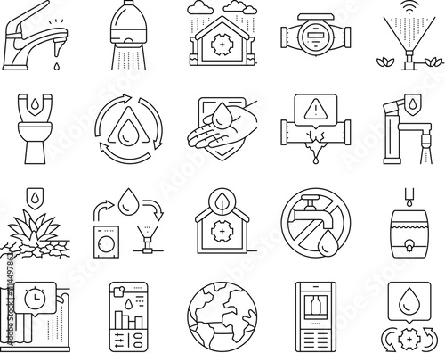 water saving world drop planet icons set vector. environment ecology, planet eco, care, nature day, life, ocean clean, vector, globe water saving world drop planet black contour illustrations