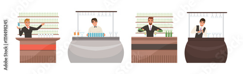 Professional Barman Making Cocktail and Alcoholic Drink Vector Set