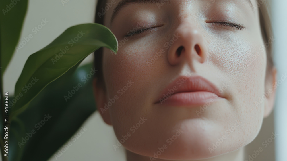 Serene Young Woman with Closed Eyes Embracing Nature and Relaxation Surrounded by Lush Green Leaves at Indoor Space for Wellness and Calmness Serene Young Woman with Closed Eyes Embracing Nature and Relaxation Surrounded by Lush Green Leaves at Indoor Space for Wellness and Calmness