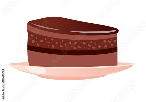 Piece of cake, sweet birthday dessert with chocolate icing. Multilayered dessert with chocolate cream and sponge cake on a white plate. Vector illustration isolated on white background