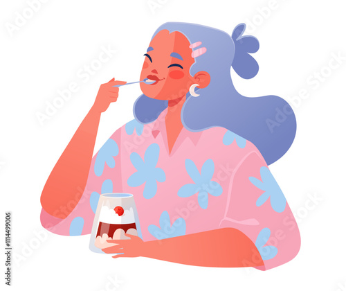 Cute illustration of girl enjoying with pleasure dessert isolated on white background. Vector hand drawn female character eating creamy layered dessert with small spoon Sweet addiction, harmful snack 