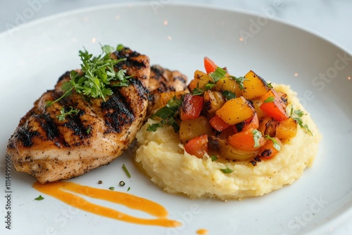  Cassava mash plated elegantly alongside grilled chicken and sautéed vegetables. 