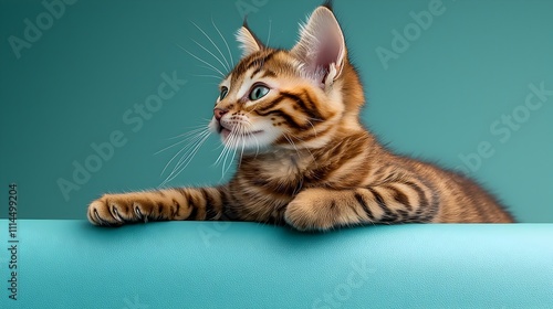 Striking Bengal cat languidly extending its lithe muscular body against a solid baby blue backdrop photo