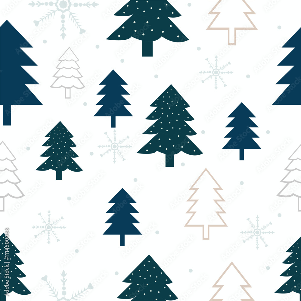 Obraz premium Winter holidays background with winter tree and snowflakes. Winter card design. seamless White snow falling on sky blue pattern. repeating texture for greeting card or banner. Vector eps10 