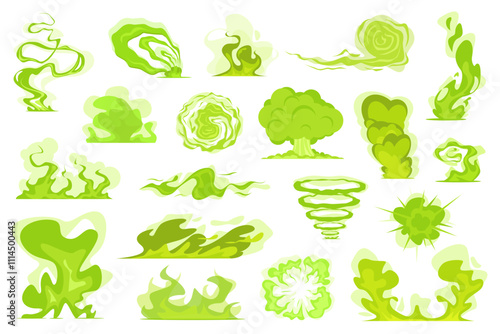 Smelling smoke. Green toxic gas. Poisonous clouds. Acid fumes. Stinky chemical vapor. Bad smell effects. Potion evaporations. Rotten haze emanations. Stench steam shapes vector set
