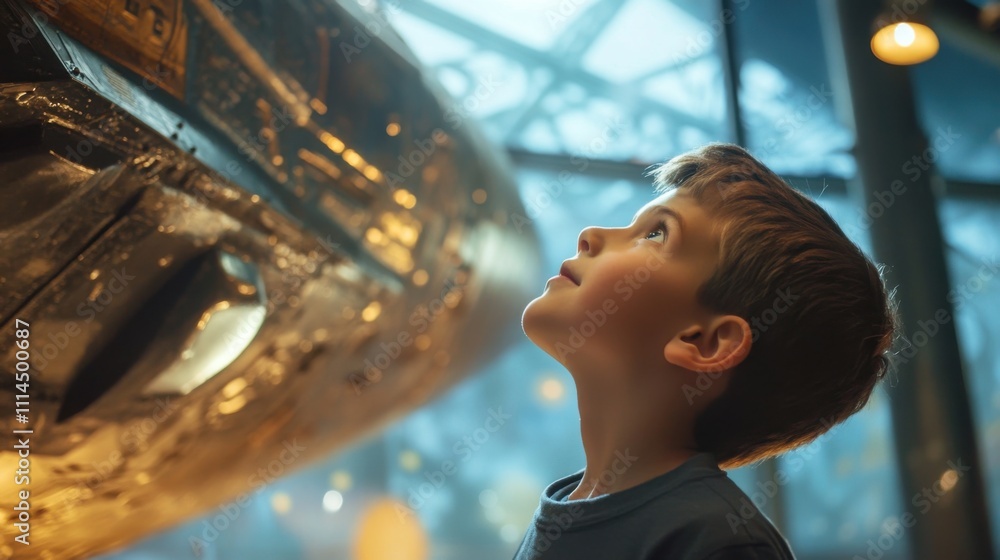 Young boy admires historic spacecraft in museum during afternoon visit with family