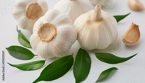 resh whole garlic bulbs with green leaves on a light background. The garlic has a natural white hue with slight purple streaks, showcasing its freshness and versatility in cooking. photo