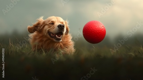 Energetic golden retriever joyfully chasing a vibrant red ball through a lush verdant meadow captured in a warm impressionistic style reminiscent of the pastoral landscapes of the Impressionist era photo