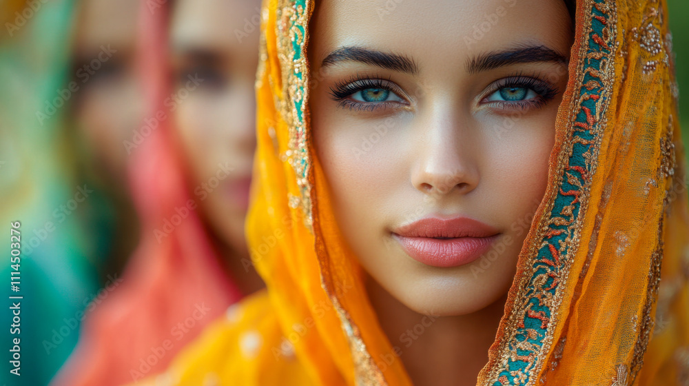Young woman in bright traditional attire with vibrant orange headscarf outdoors Young woman in bright traditional attire with vibrant orange headscarf outdoors